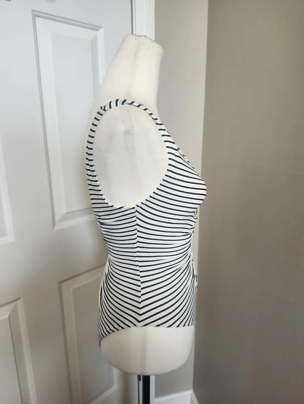 Solid & Striped 1 Pieced Black White & Silver Striped Ruched Swimsuit, S